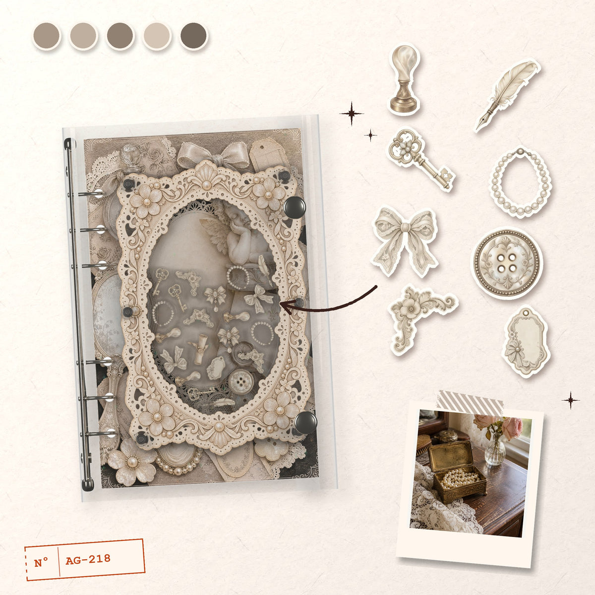Vintage Lace Ephemera design story: the charms inside and the cover