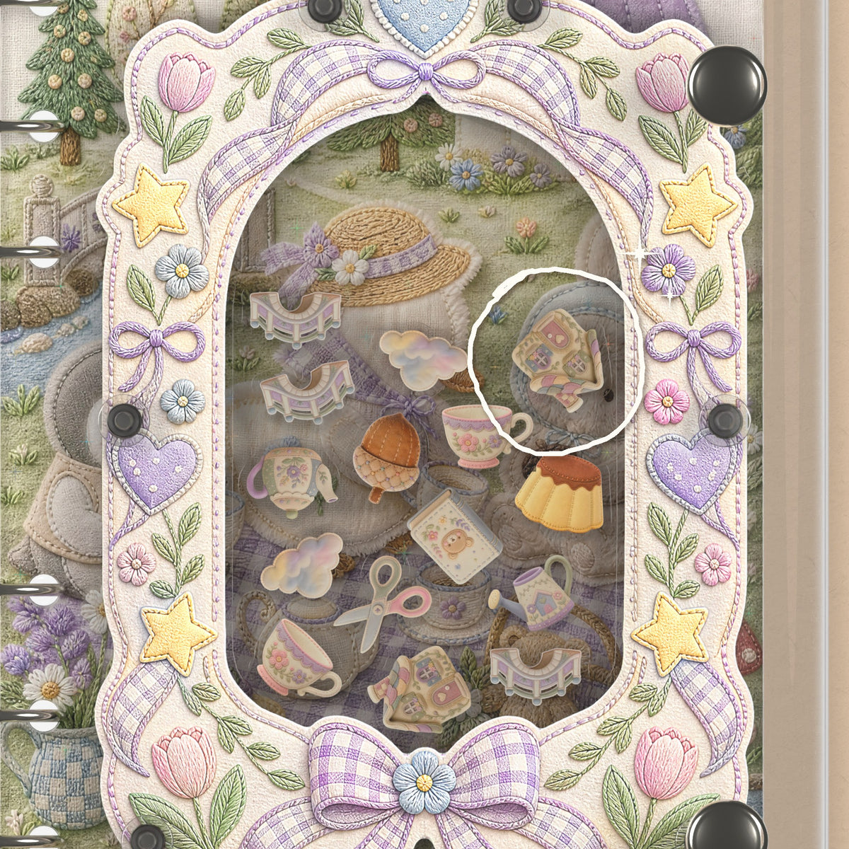 Close-up of the shaker window and charms, Embroidered Garden Picnic