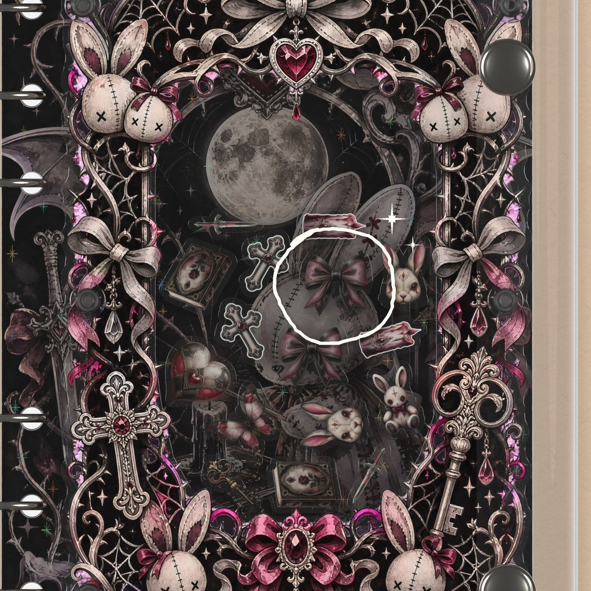 Close-up of the shaker window and charms, Gothic Rabbit Doll