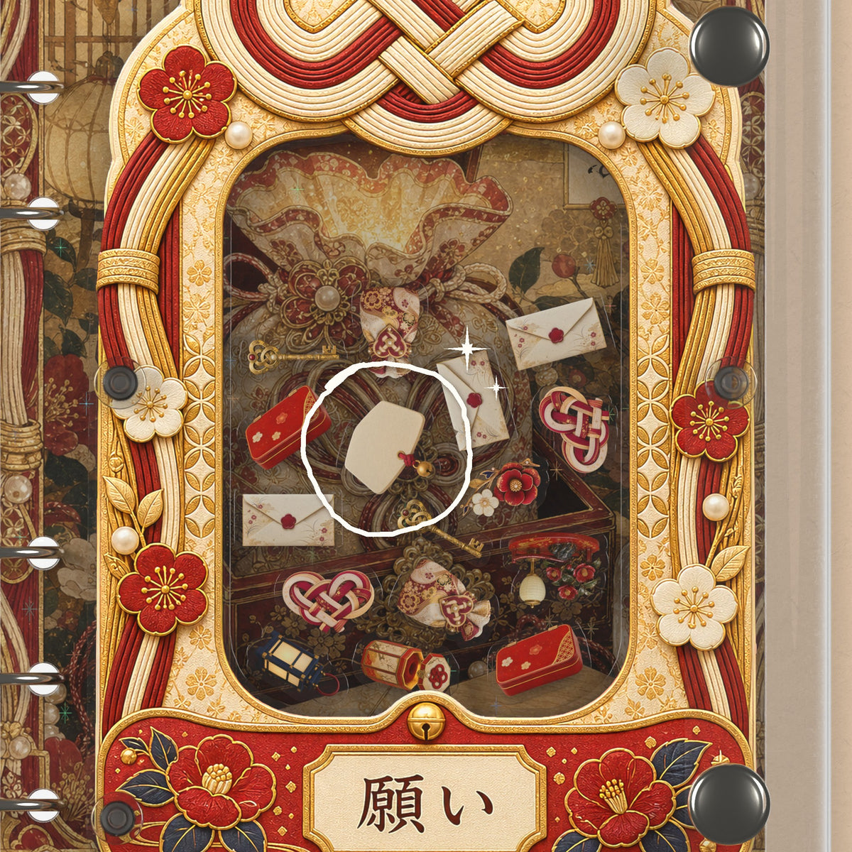 Close-up of the shaker window and charms, Lucky Charm Knot