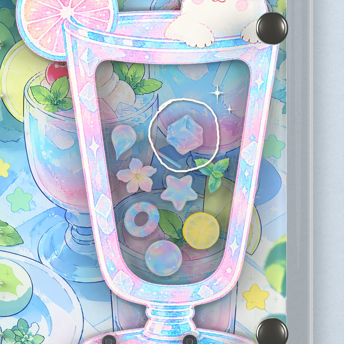 Close-up of the shaker window and charms, Summer Bear Drinks