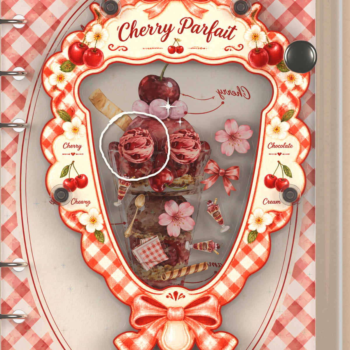 Close-up of the shaker window and charms, Cherry Parfait