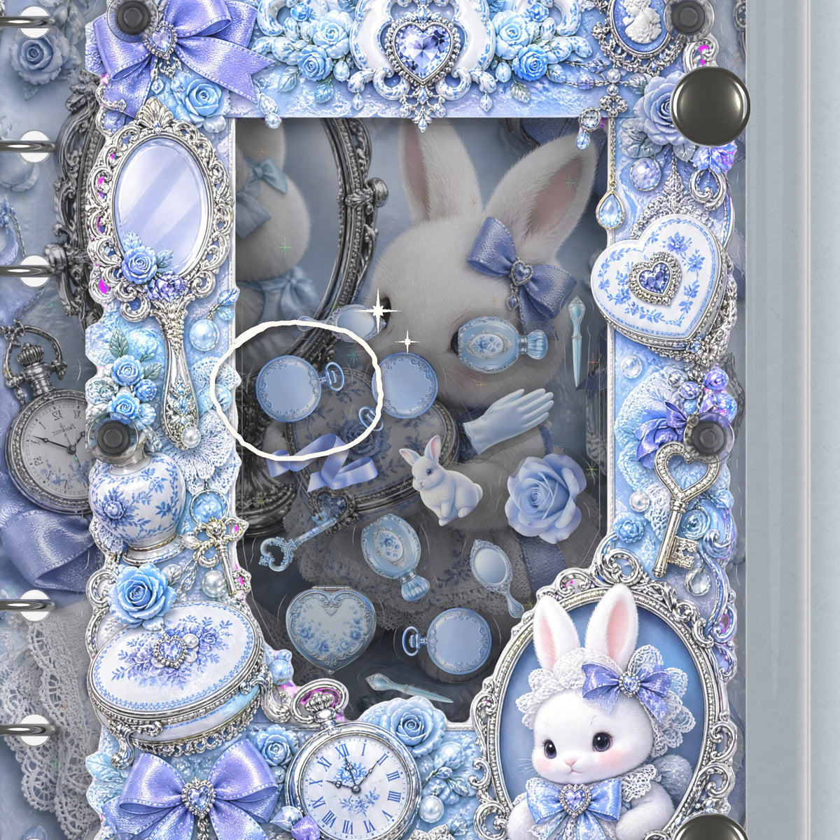 Close-up of the shaker window and charms, Blue Bunny Vanity
