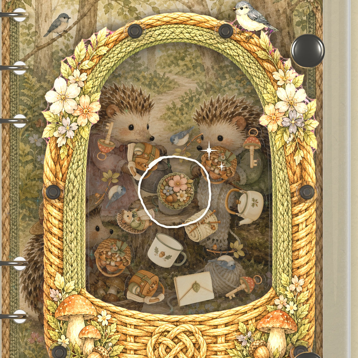 Close-up of the shaker window and charms, Hedgehog Tea Basket