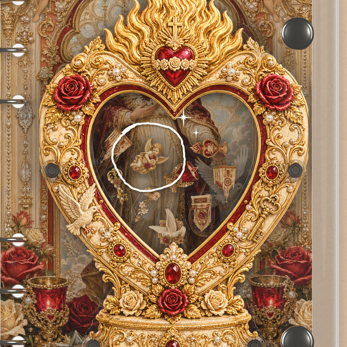 Close-up of the shaker window and charms, Sacred Heart Roses