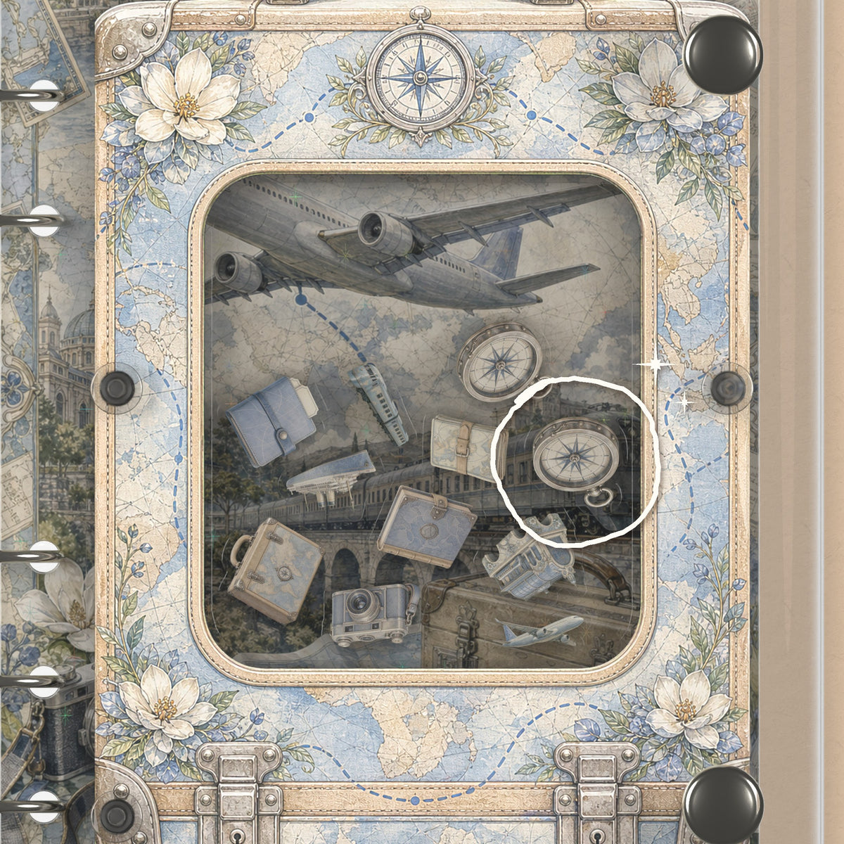Close-up of the shaker window and charms, Vintage Suitcase Atlas