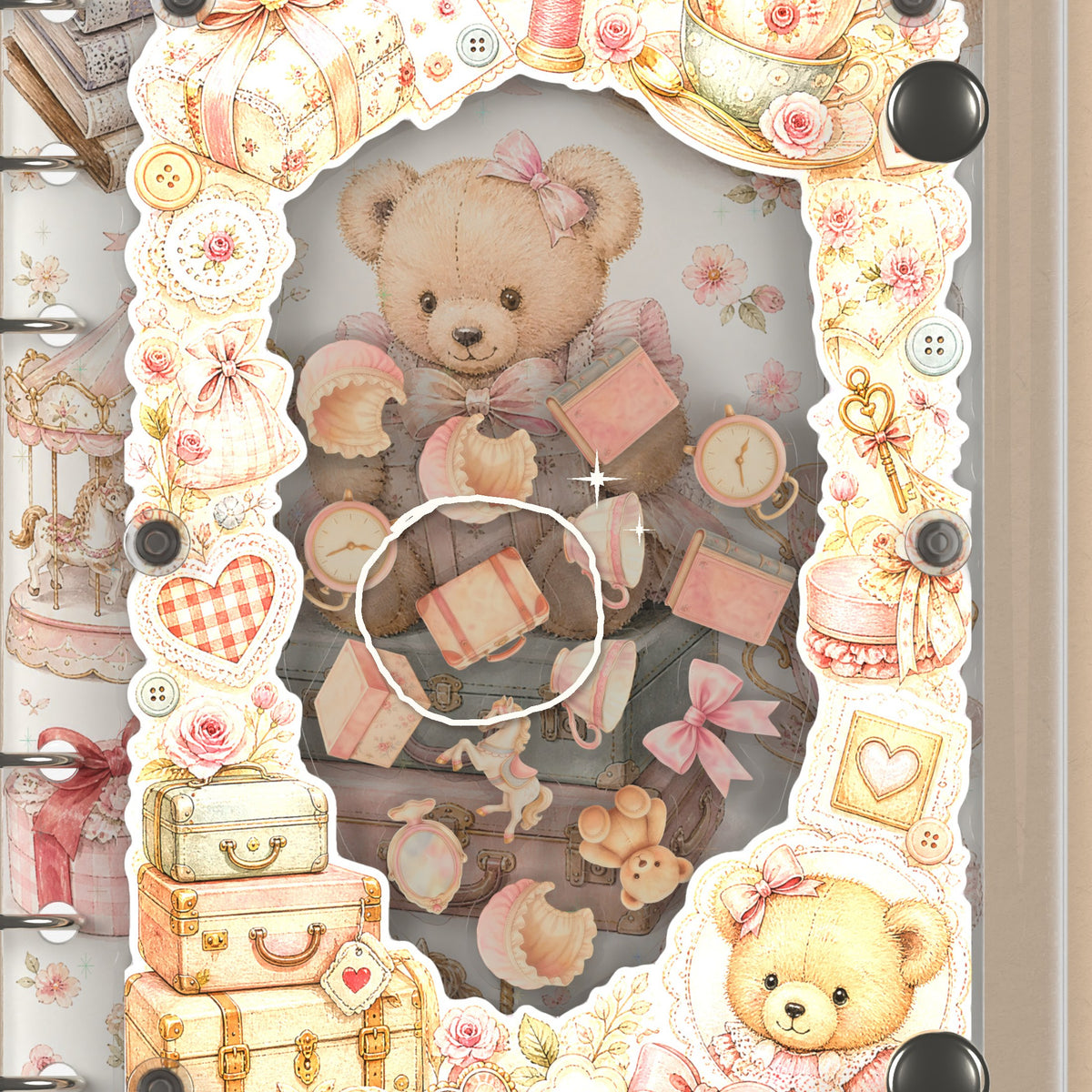 Close-up of the shaker window and charms, Vintage Teddy Bear