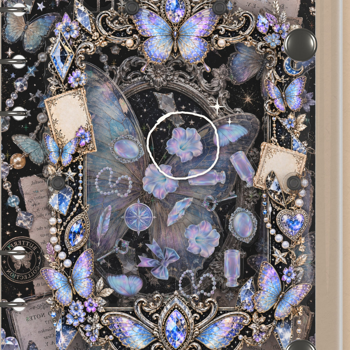 Close-up of the shaker window and charms, Iridescent Butterfly
