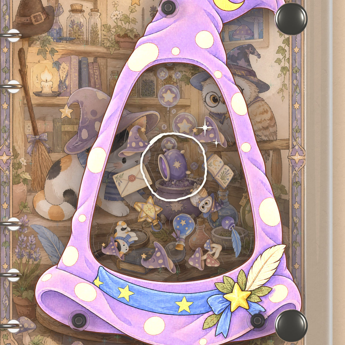 Close-up of the shaker window and charms, Witch Hat Herbs
