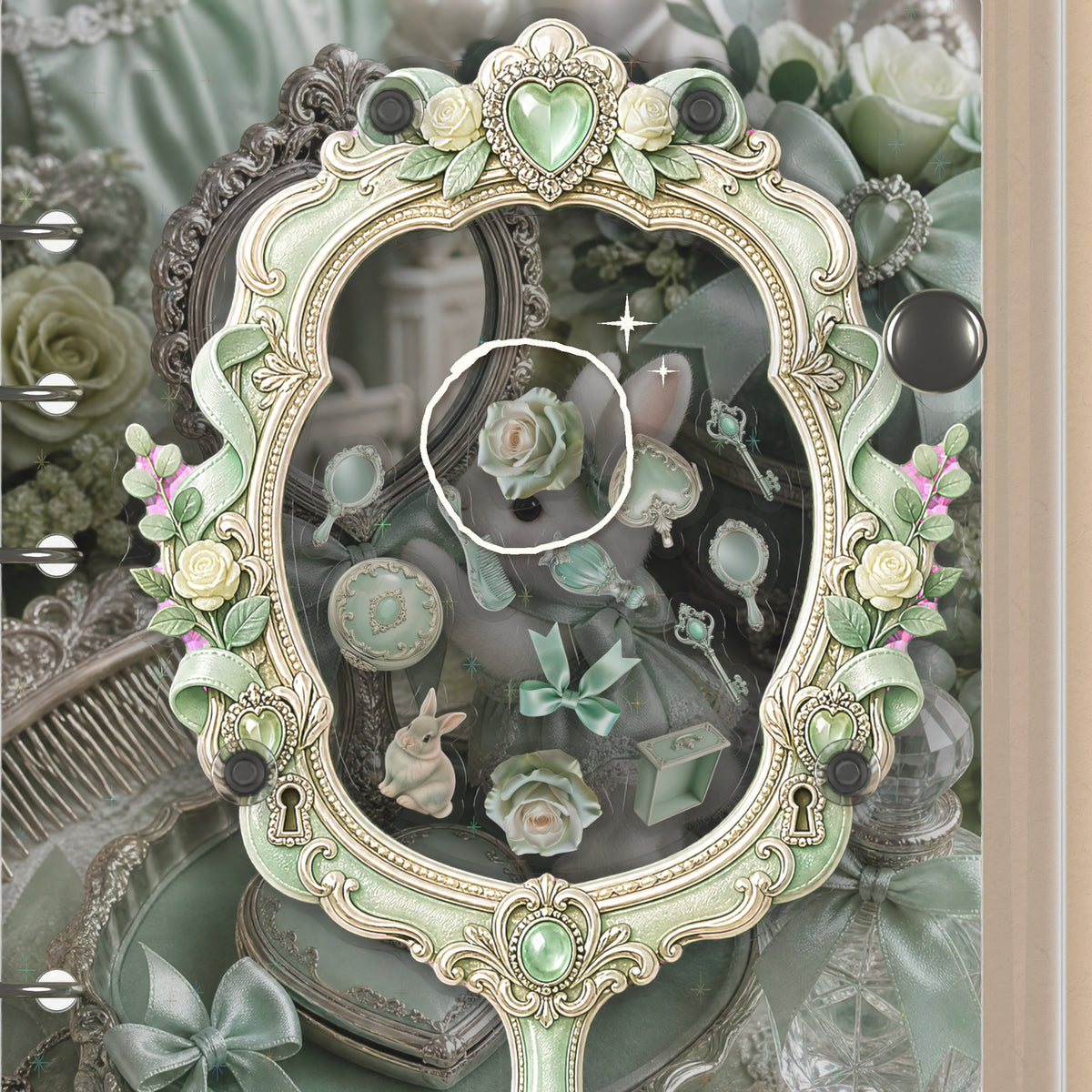 Close-up of the shaker window and charms, Green Mirror Vanity