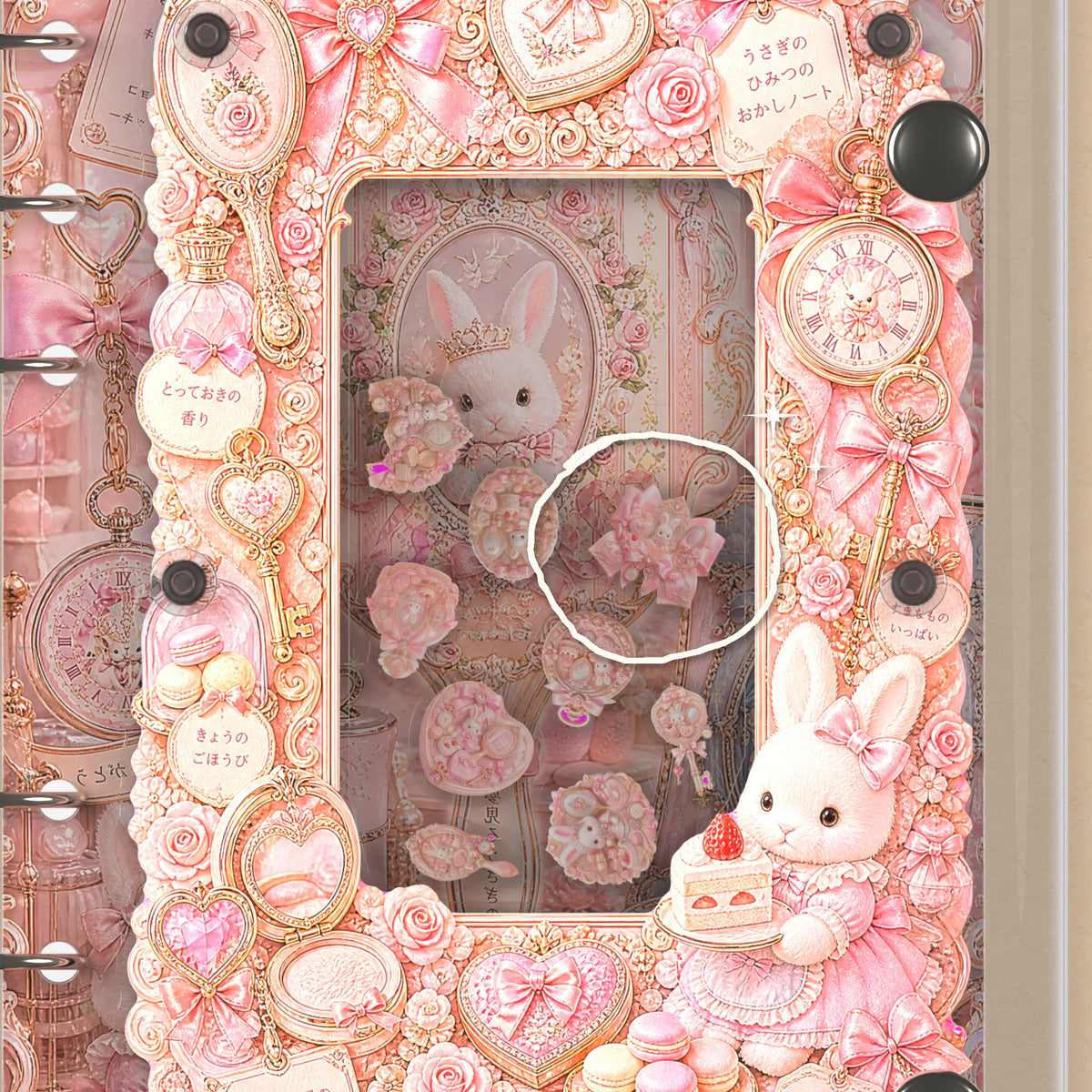 Close-up of the shaker window and charms, Pink Bunny Vanity