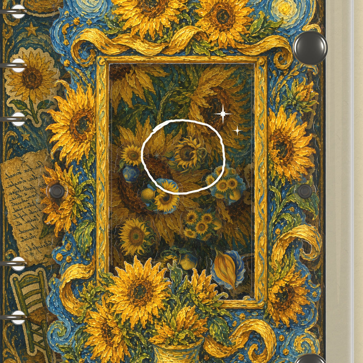 Close-up of the shaker window and charms, Oil Painted Sunflowers