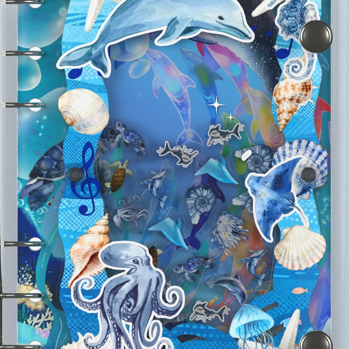 Close-up of the shaker window and charms, Dolphin Ocean Collage