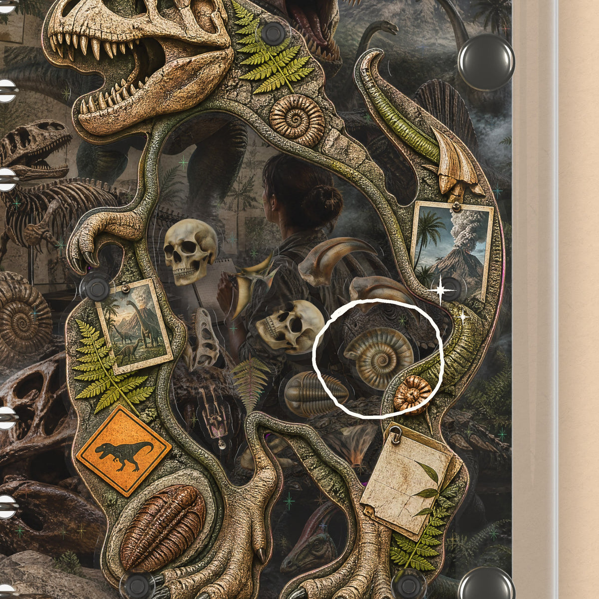 Close-up of the shaker window and charms, Dinosaur Fossils