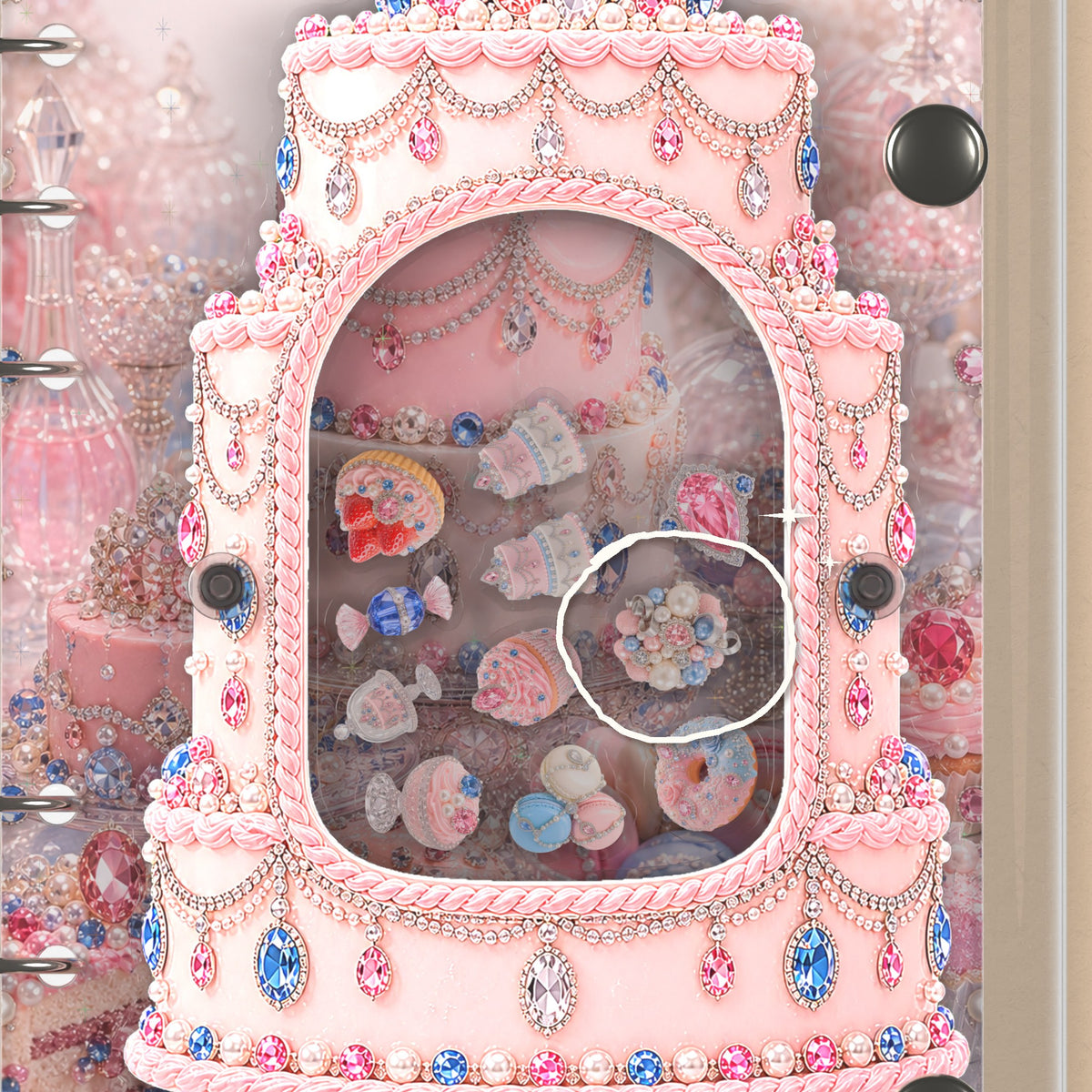 Close-up of the shaker window and charms, Pink Jewel Cake