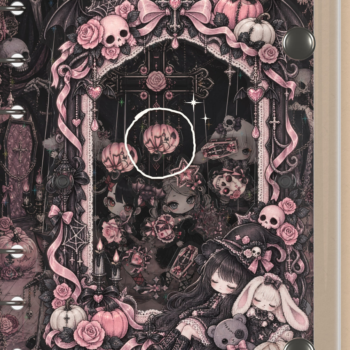 Close-up of the shaker window and charms, Pink Gothic Halloween