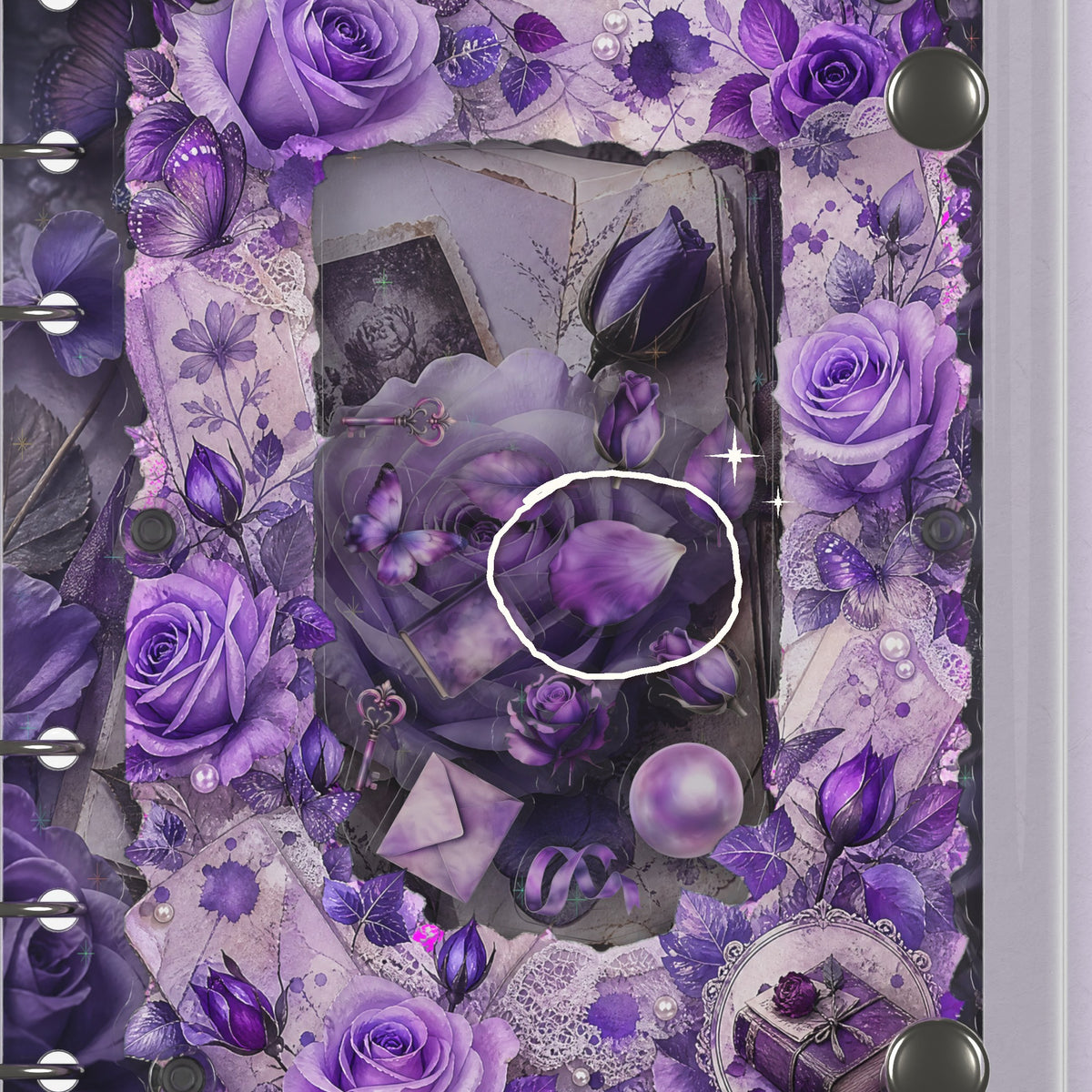 Close-up of the shaker window and charms, Purple Roses