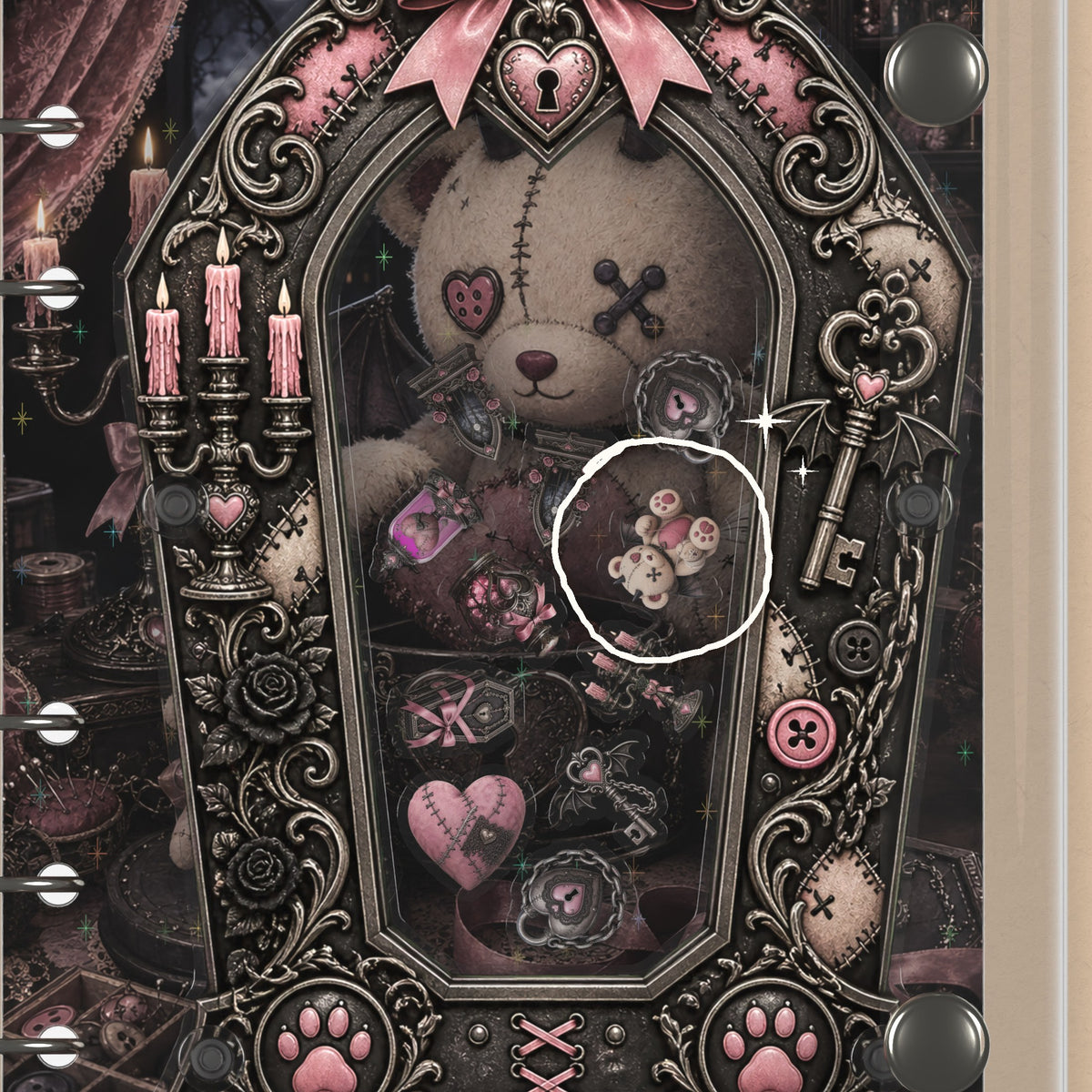 Close-up of the shaker window and charms, Midnight Teddy Doll