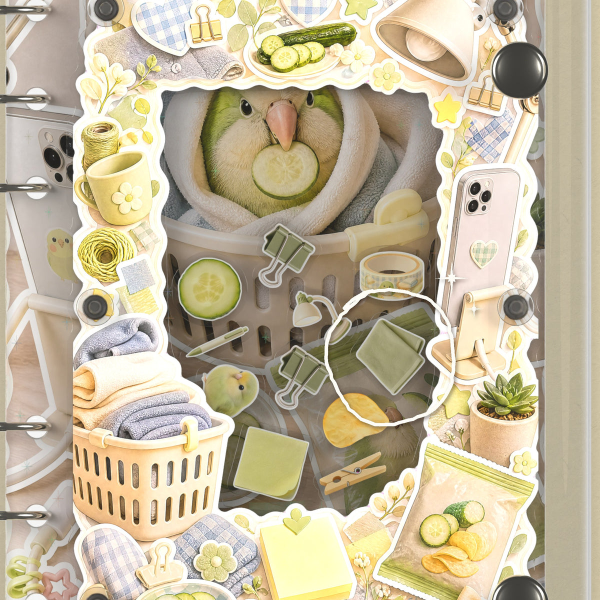 Close-up of the shaker window and charms, Round Green Bird