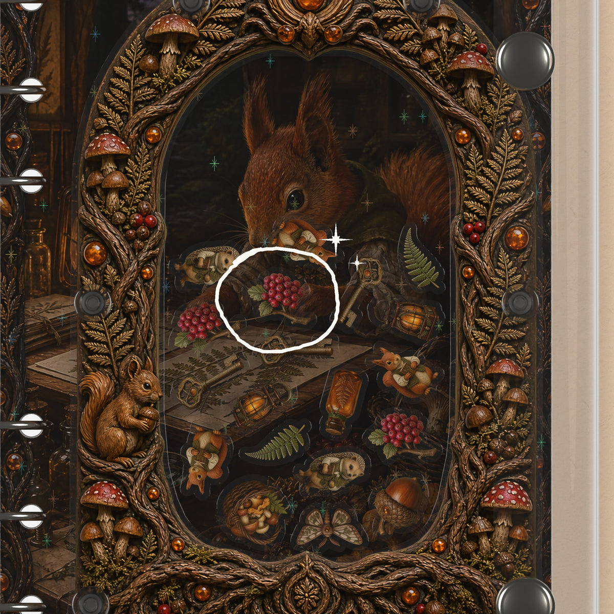 Close-up of the shaker window and charms, Woodland Herbarium