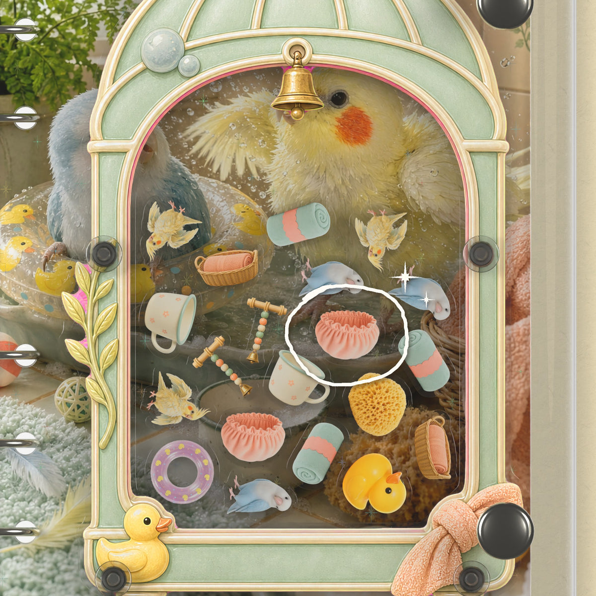 Close-up of the shaker window and charms, Birdcage Pals