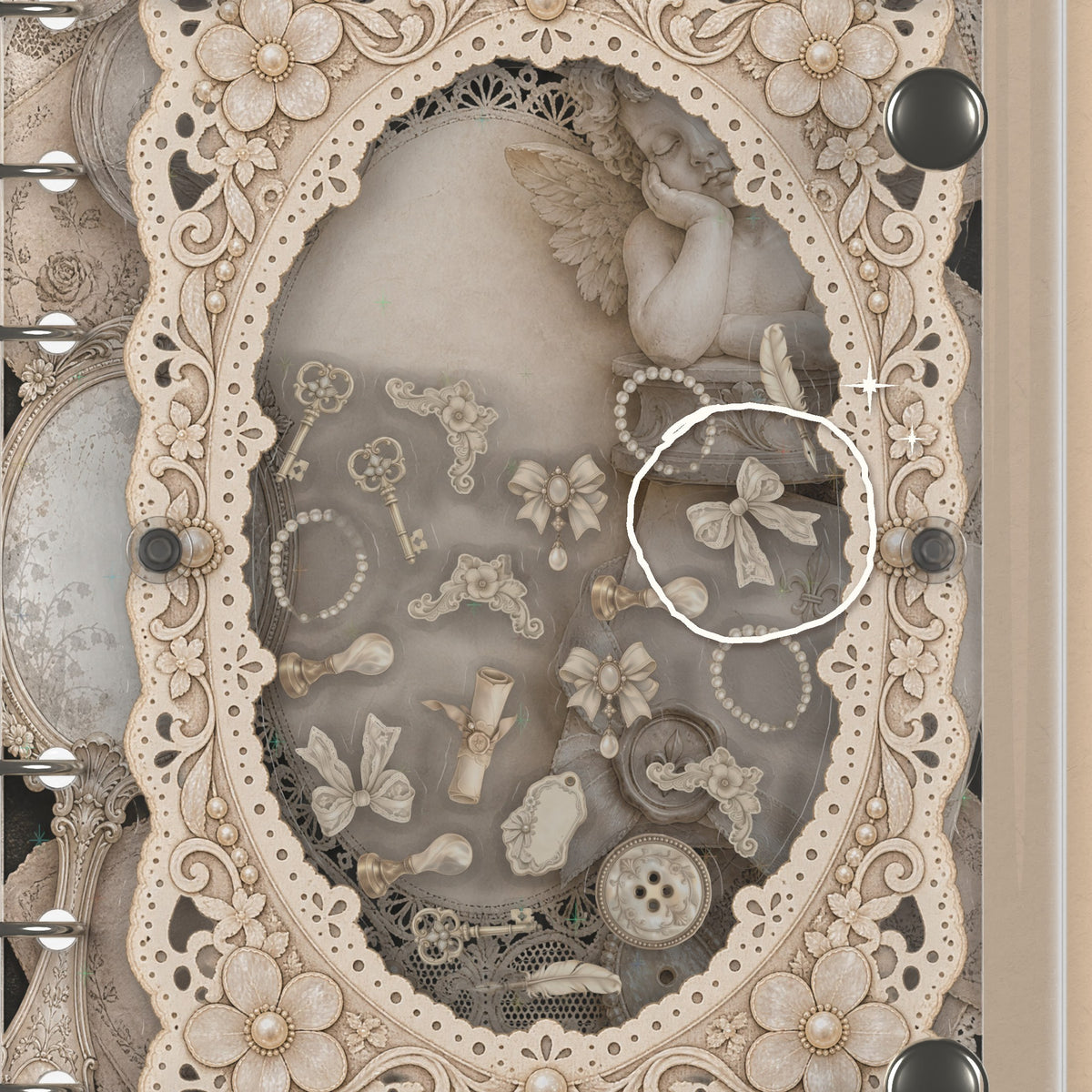 Close-up of the shaker window and charms, Vintage Lace Ephemera