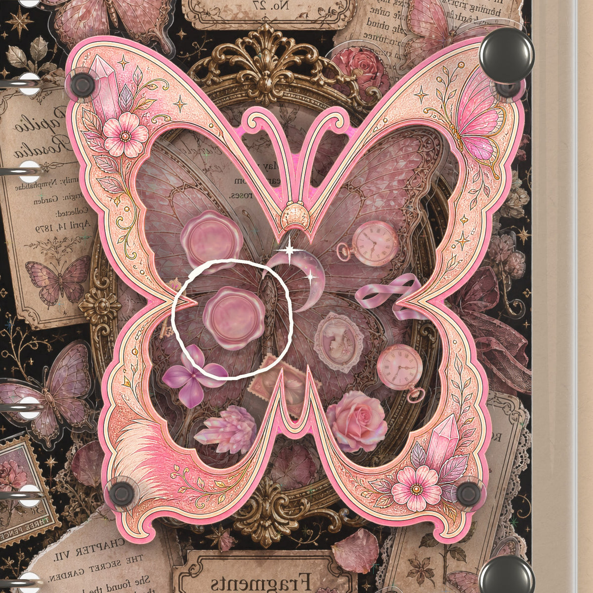 Close-up of the shaker window and charms, Pink Butterfly Specimen