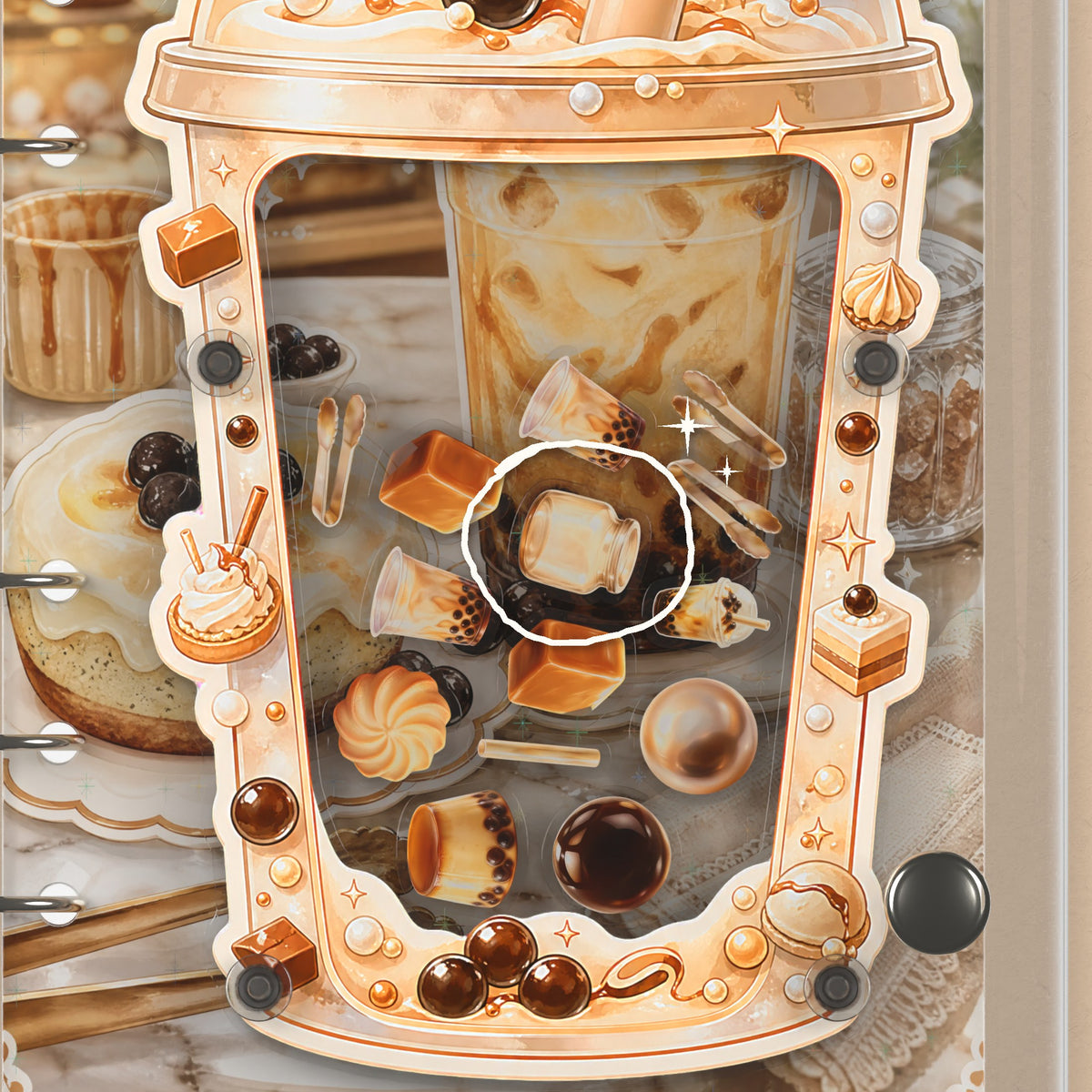 Close-up of the shaker window and charms, Bubble Tea