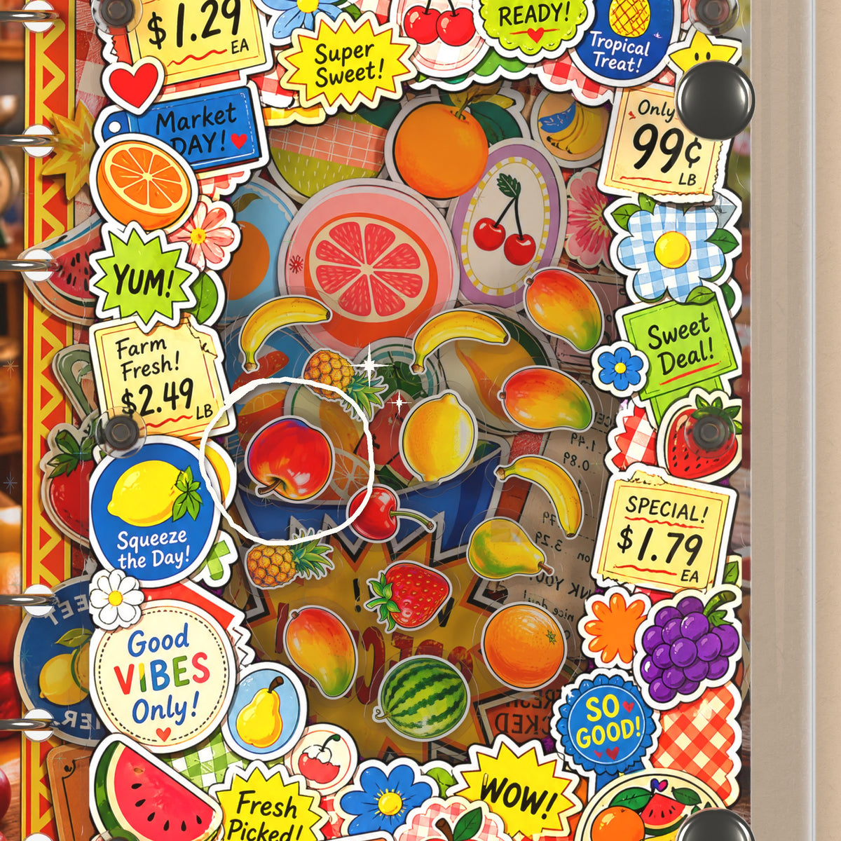 Close-up of the shaker window and charms, Fruit Market Stickers