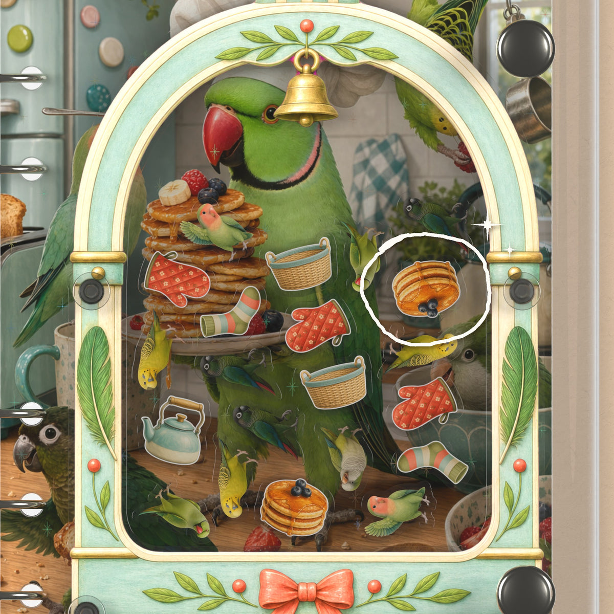 Close-up of the shaker window and charms, Green Parrot Cage