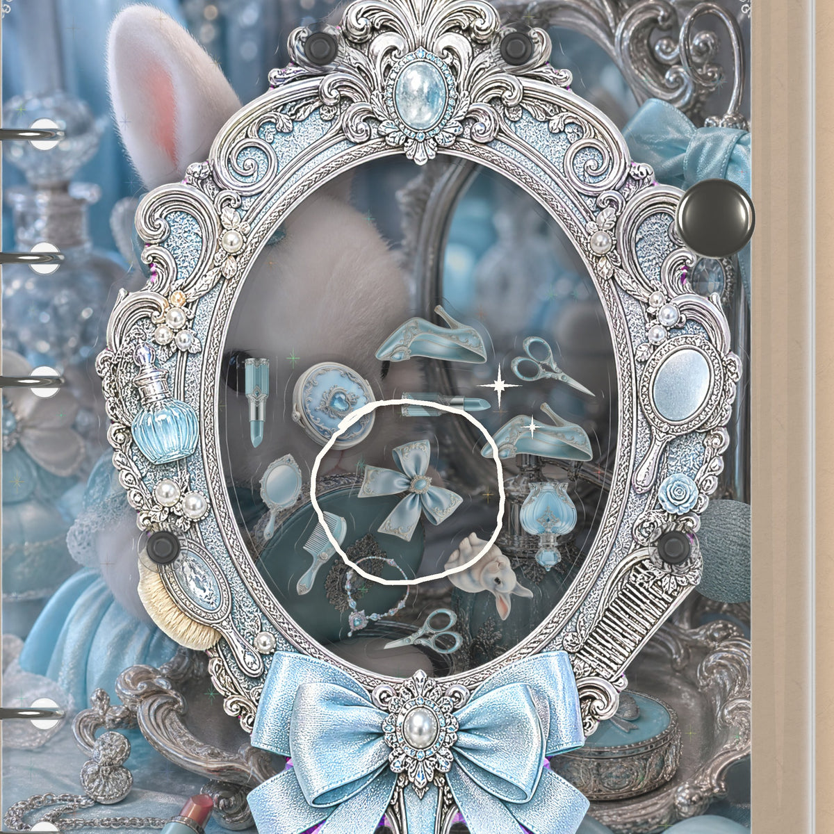 Close-up of the shaker window and charms, White Bunny Vanity