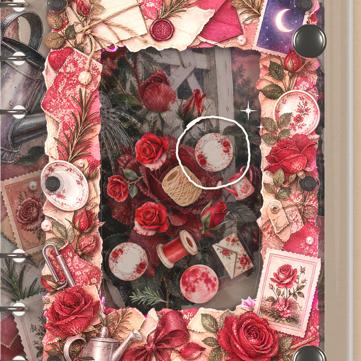 Close-up of the shaker window and charms, Red Climbing Roses
