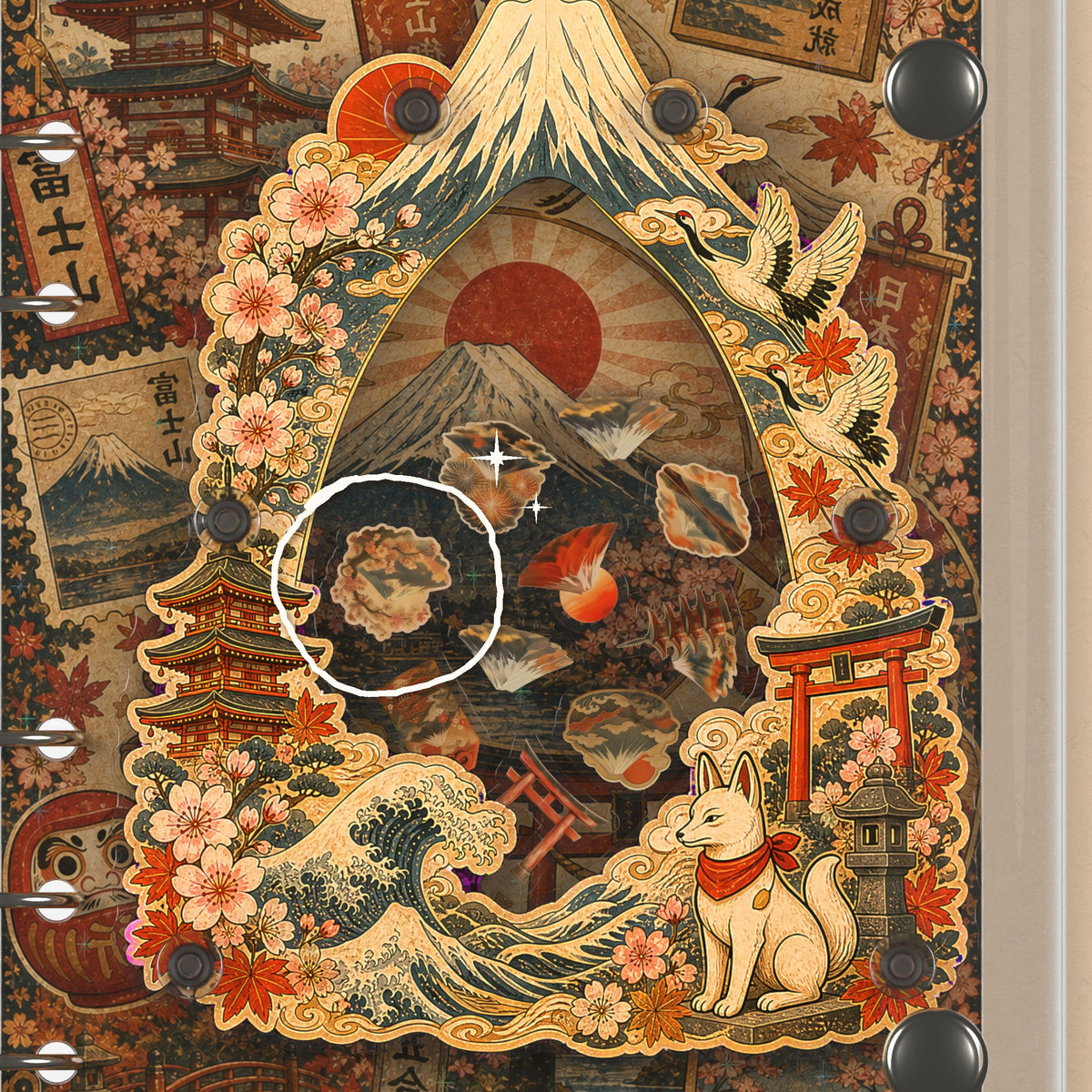 Close-up of the shaker window and charms, Fuji & Great Wave