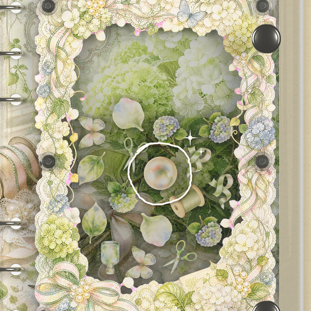 Close-up of the shaker window and charms, White Hydrangea