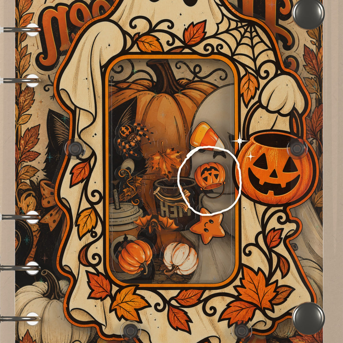 Close-up of the shaker window and charms, Pumpkin Ghost Halloween