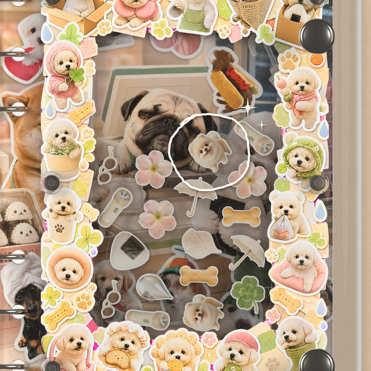 Close-up of the shaker window and charms, Pug & Fluffy Puppies