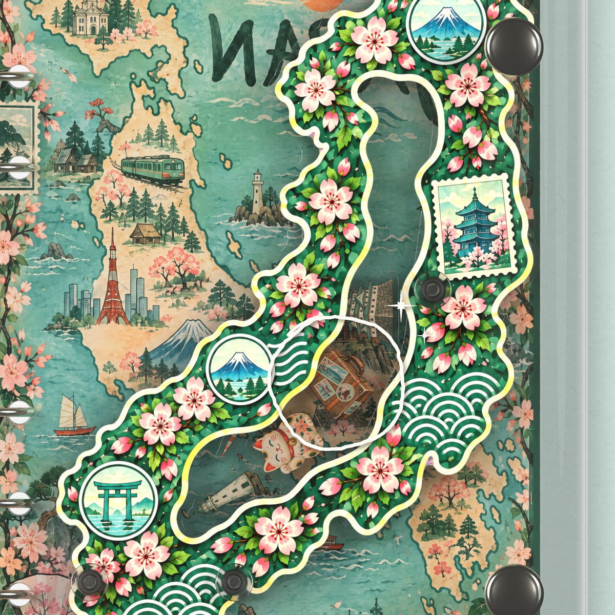 Close-up of the shaker window and charms, Sakura Japan Map