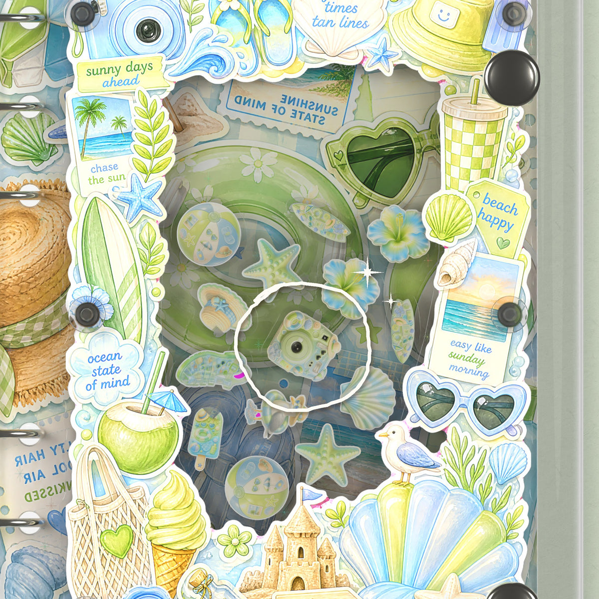 Close-up of the shaker window and charms, Summer Beach Stickers