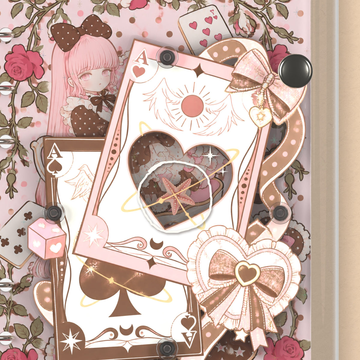 Close-up of the shaker window and charms, Pink Playing Cards