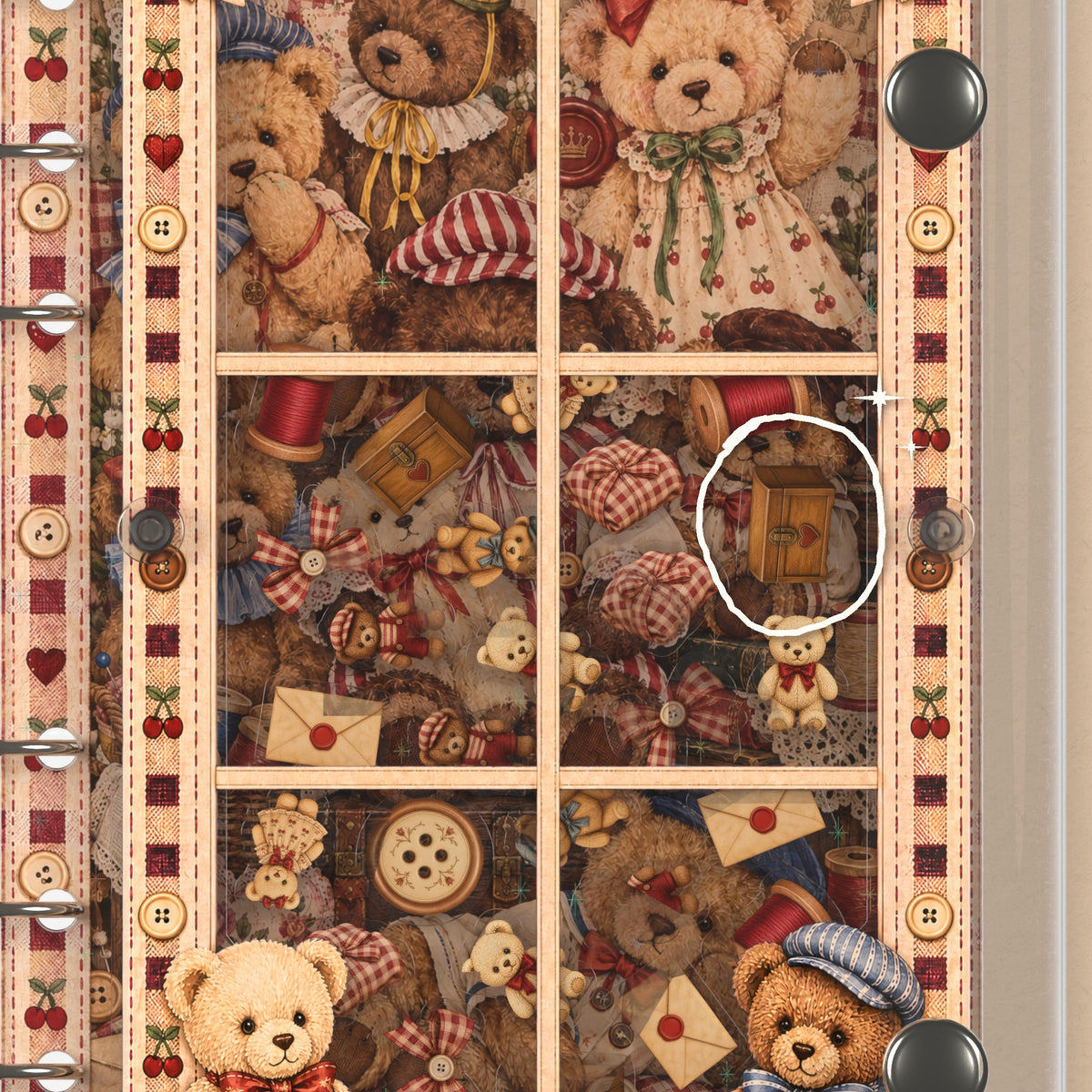 Close-up of the shaker window and charms, Teddy Treasures