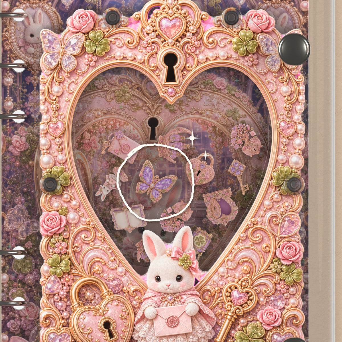 Close-up of the shaker window and charms, Heart Gate Bunny