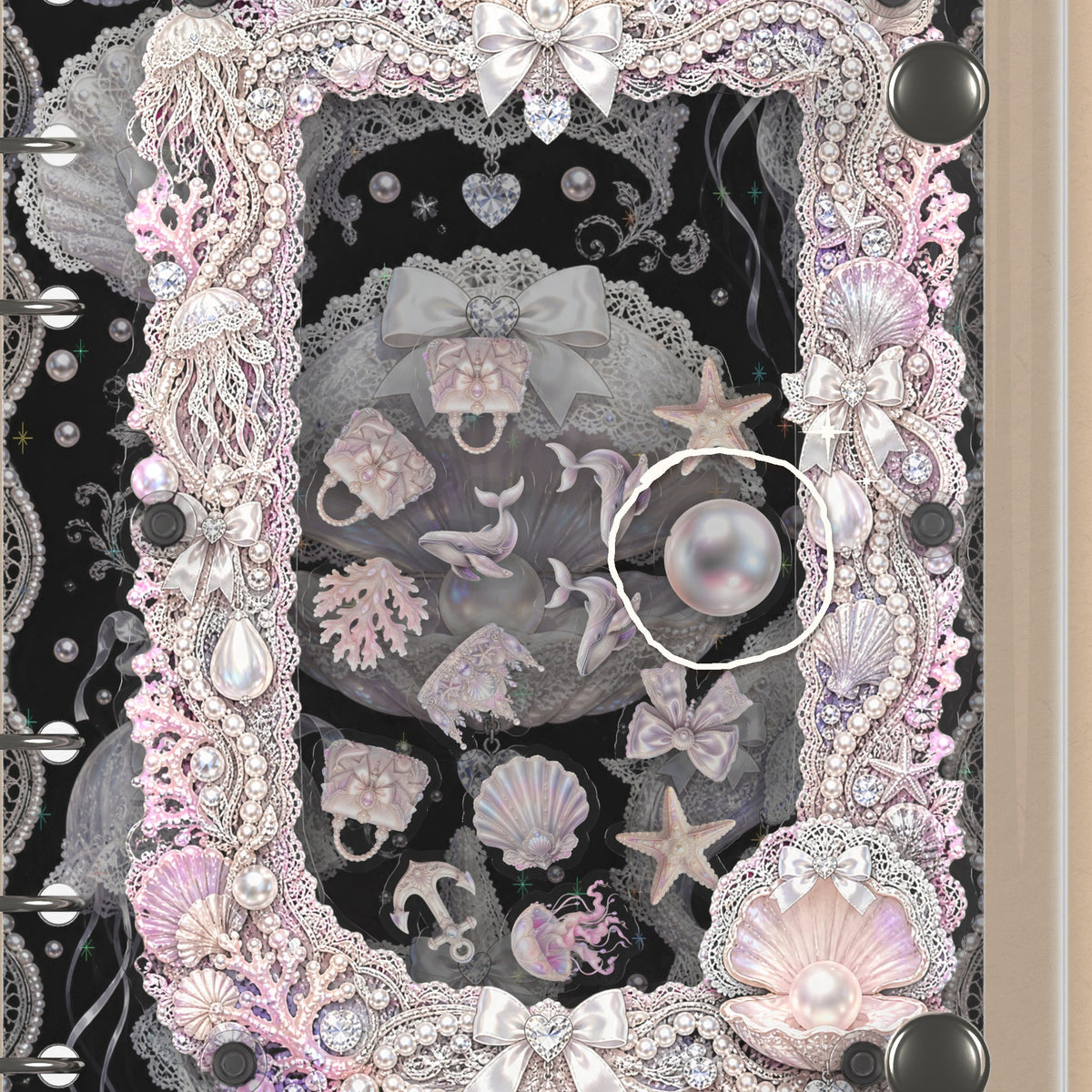 Close-up of the shaker window and charms, Shell Pearl Pendant