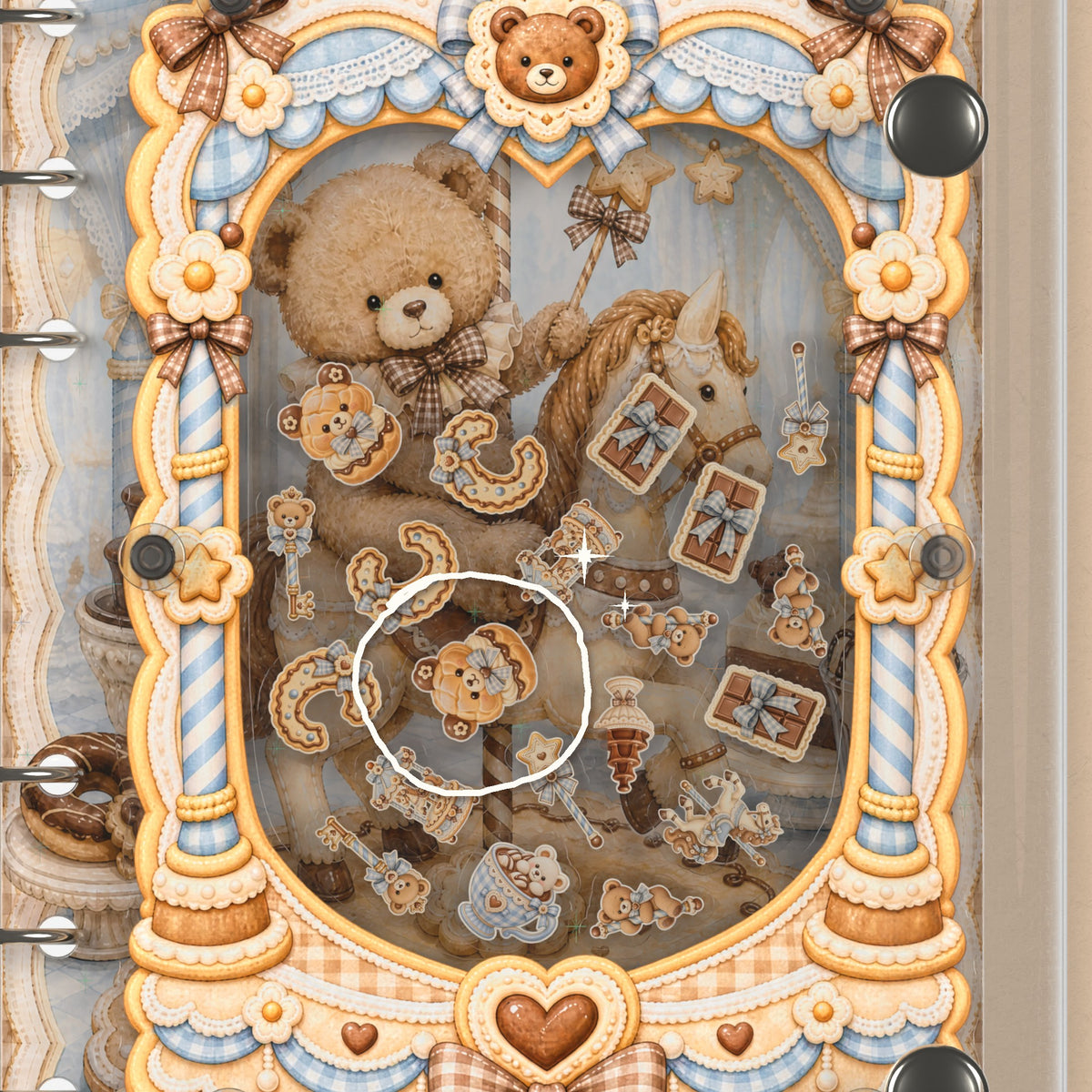 Close-up of the shaker window and charms, Chocolate Carousel Bear