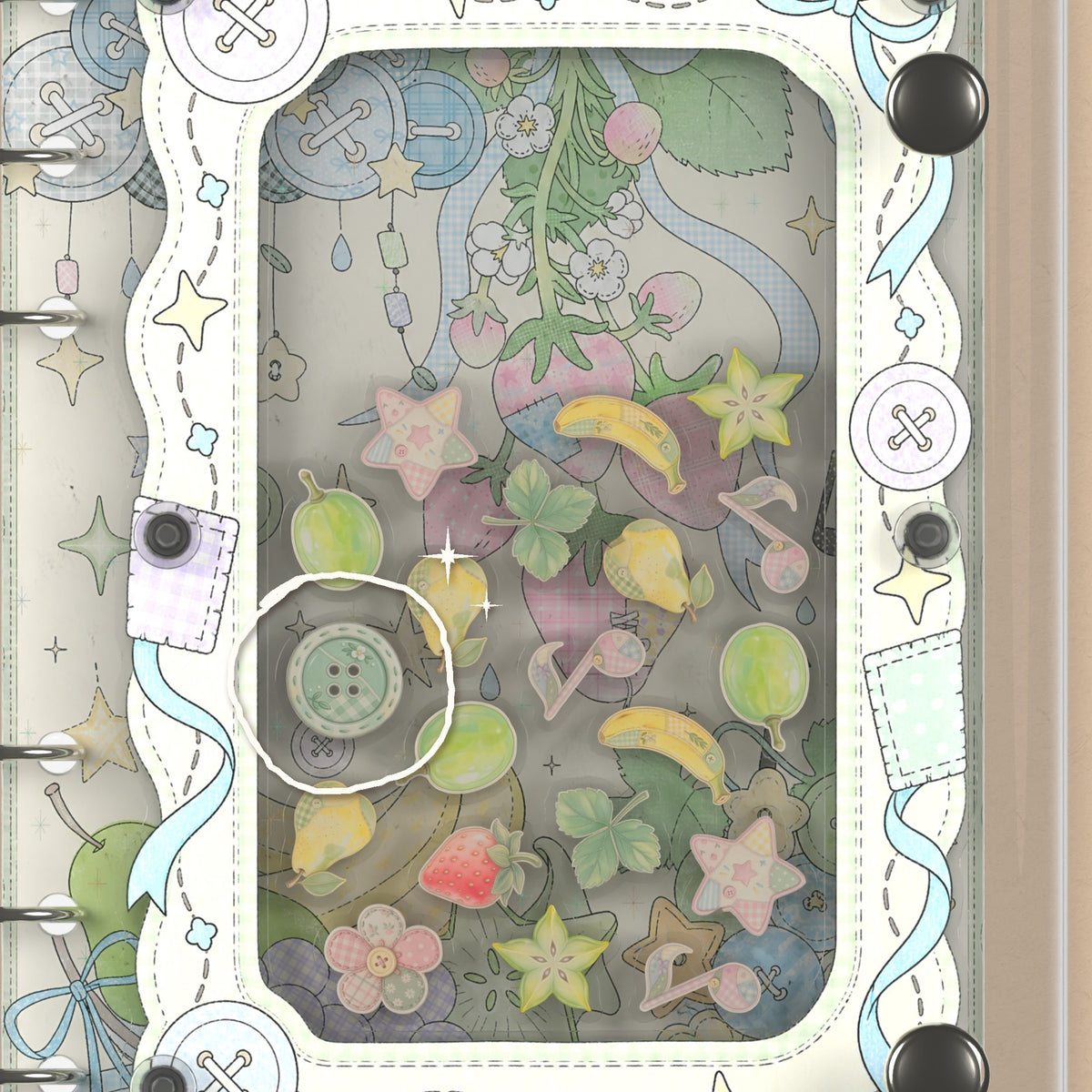 Close-up of the shaker window and charms, Pastel Fruit Patches