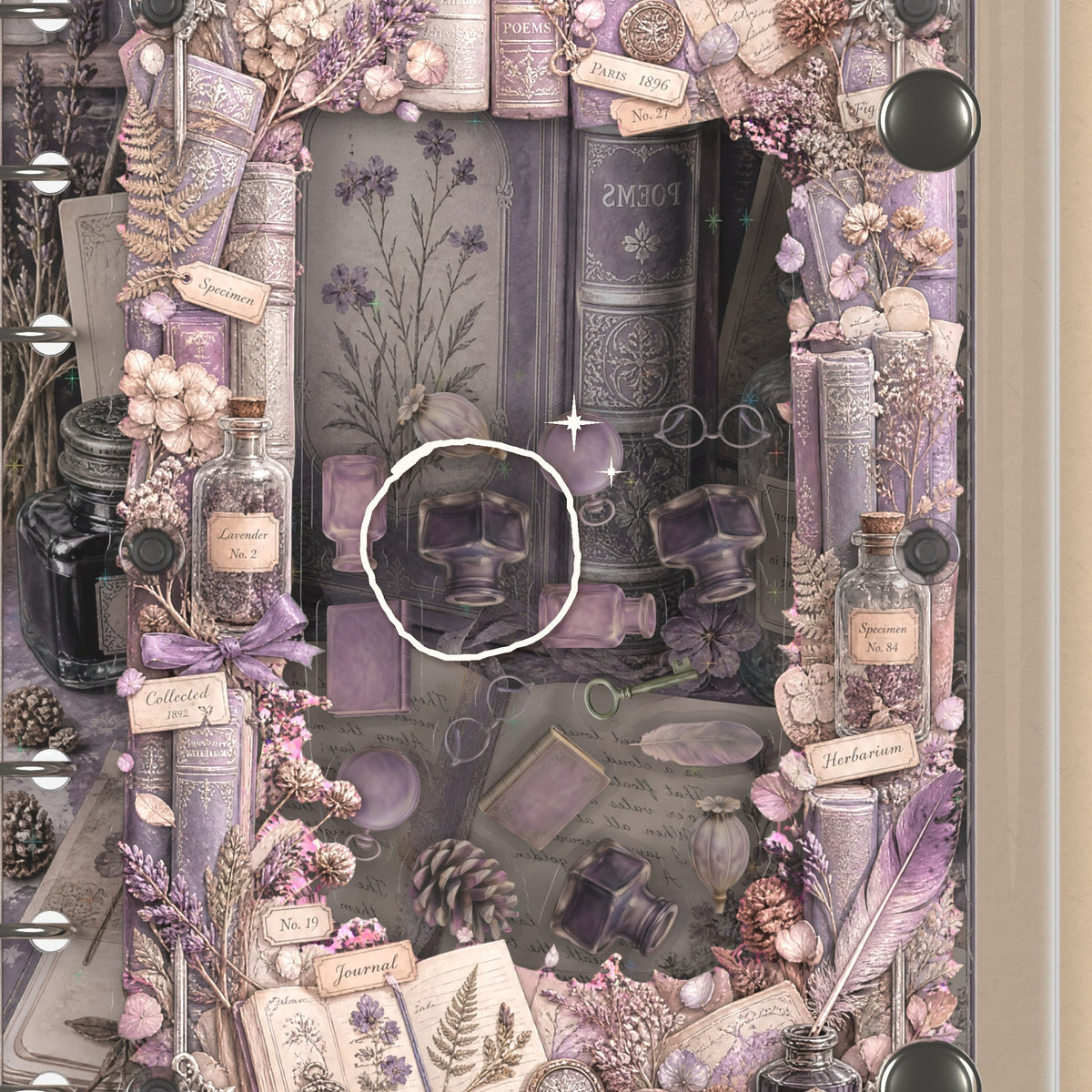 Close-up of the shaker window and charms, Poetry Books