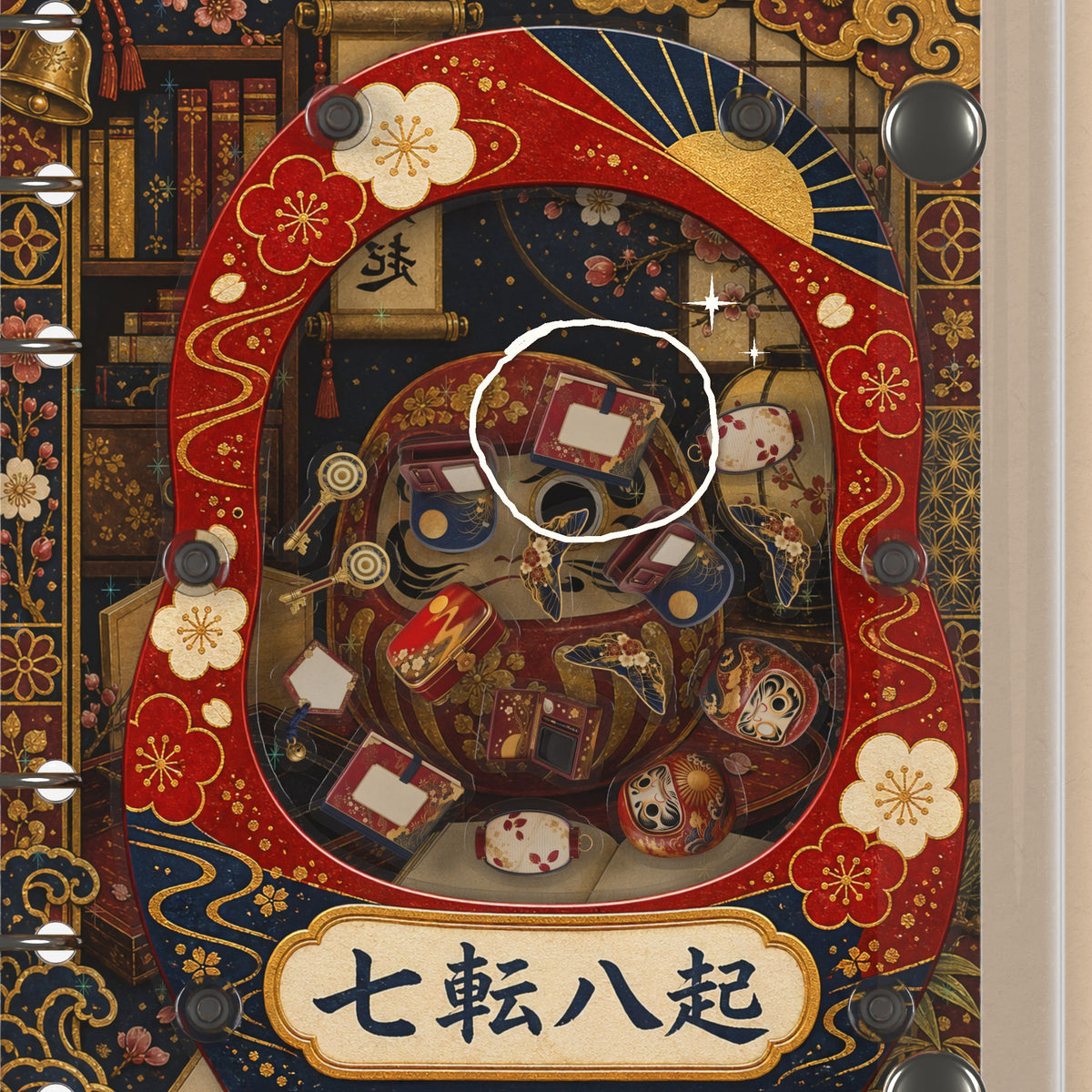 Close-up of the shaker window and charms, Lucky Daruma