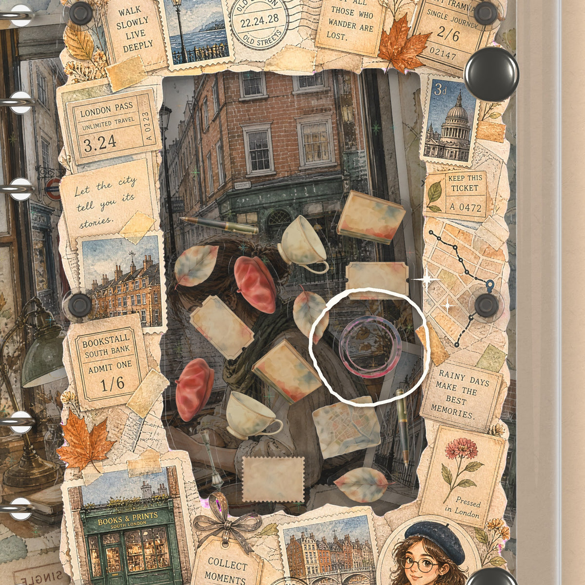 Close-up of the shaker window and charms, London Scrapbook