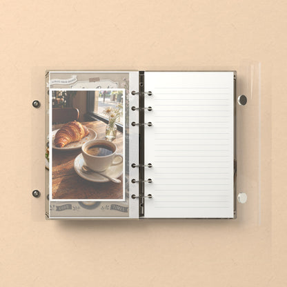 Inside: a photo sleeve and a lined refill page