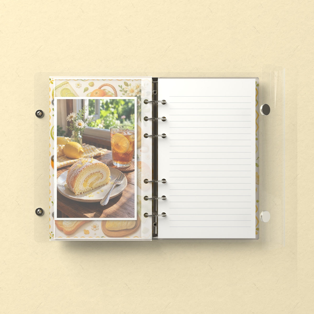 Inside: a photo sleeve and a lined refill page