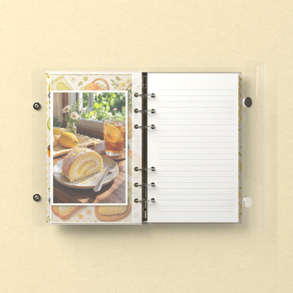Inside: a photo sleeve and a lined refill page